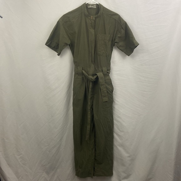 Everlane The Fatigue Utility Short Sleeve Linen Blend Jumpsuit Army Green Sz 00 - Picture 3 of 12